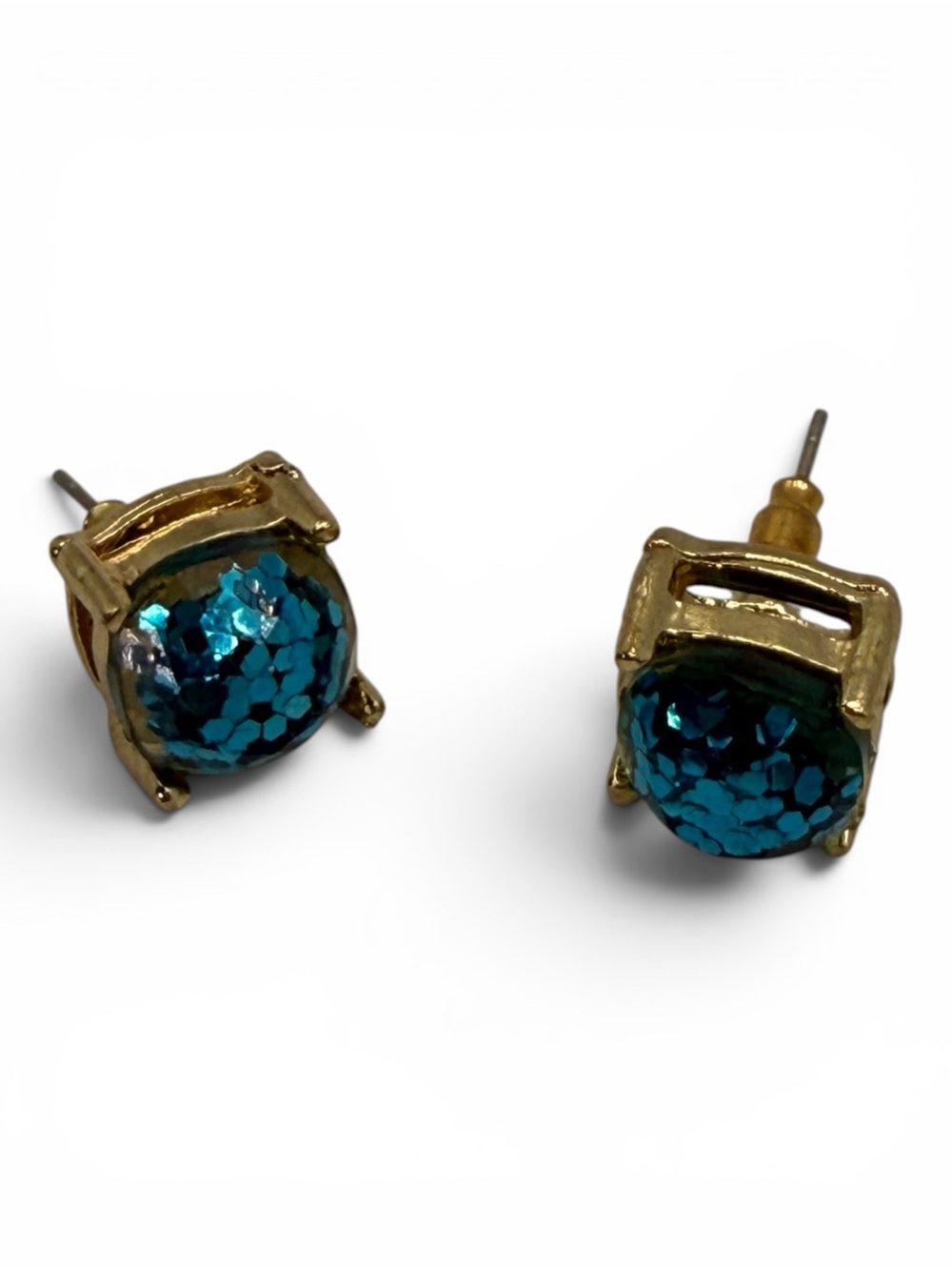 Gold-tone Teal Glitter Stud Earrings - Women Jewelry never worn